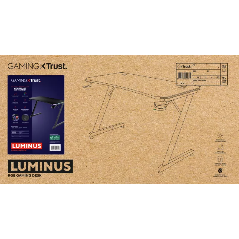 Taisnstūra galds TRUST GXT 709 LUMINUS melns 1200x600x740 mm