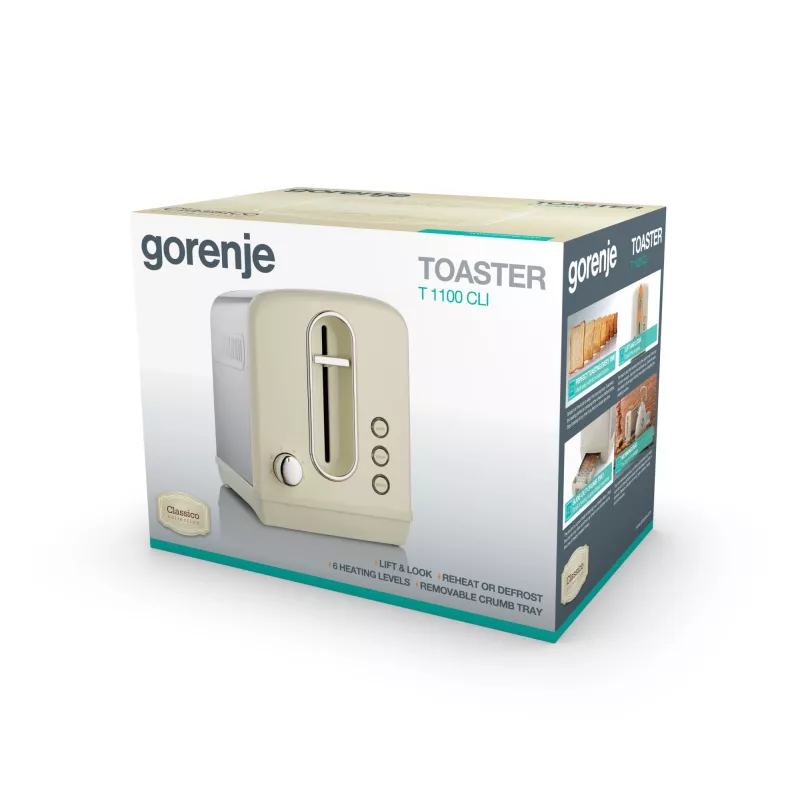Tosteris Gorenje T1100CLI 2 šķēlēm 1100 W Šampanietis, 6 apbrūnināšanas līmeņi, atkausēšanas un uzsildīšanas funkcija