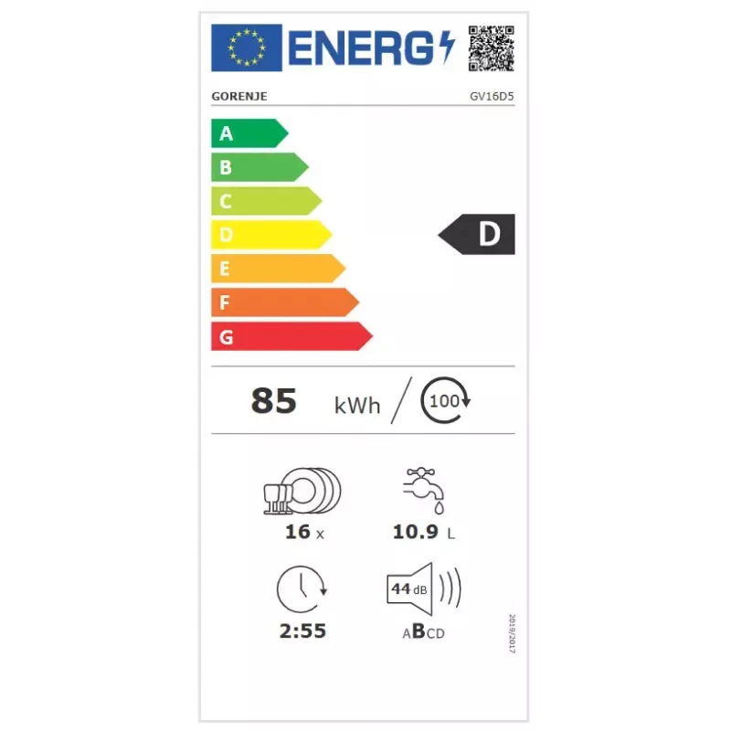 Iebūvējamā trauku mazgājamā mašīna Gorenje GV16D5 — 16 galda klājumu komplekti, 44 dB, nerūsējošais tērauds, 7 temperatūras iestatījumi
