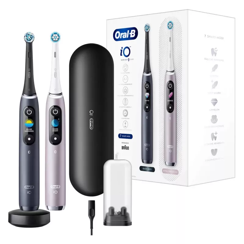 Elektriskā zobu birste Oral-B iO 9 pieaugušajiem, rotējoša, 2 rokturi, 2 birstes galviņas, iebūvēts akumulators, 3 st. uzlāde, melna/rožaina