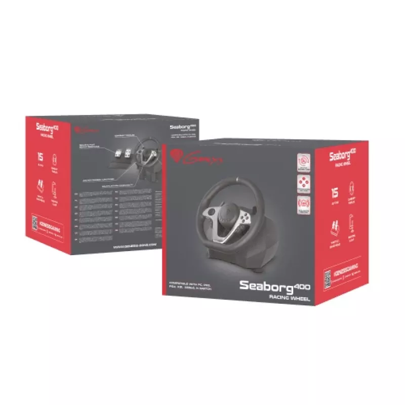 GENESIS Seaborg 400 Melns, Silver USB stūre + pedāļi Nintendo Switch, PC, PlayStation 4, Playstation 3, Xbox 360, Xbox One, Xbox One S, Xbox One X