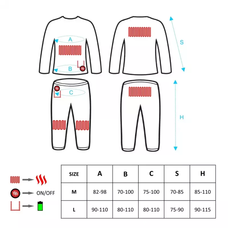 Glovii GXBL apsildāma termoaktīvā apakšveļa ziemas sportam, unisex, L, melna, elpojoša, uzlādējams akumulators