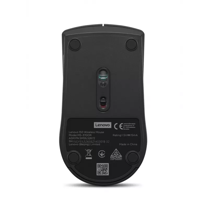 Bezvadu pele Lenovo 150 GY51L52638 — piemērota abām rokām, optiskā 1000 DPI, 2,4 GHz nano USB uztvērējs, melna, AA baterija