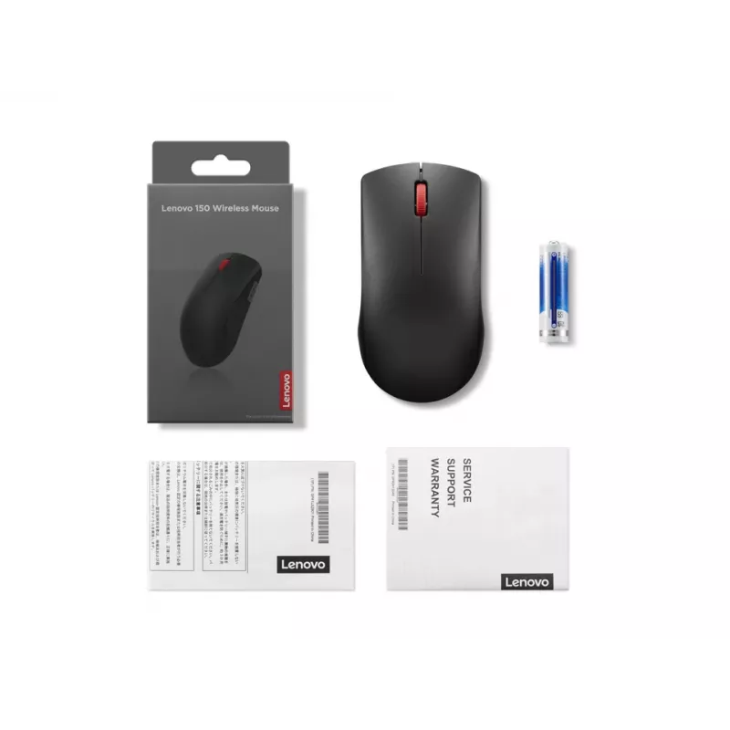 Bezvadu pele Lenovo 150 GY51L52638 — piemērota abām rokām, optiskā 1000 DPI, 2,4 GHz nano USB uztvērējs, melna, AA baterija