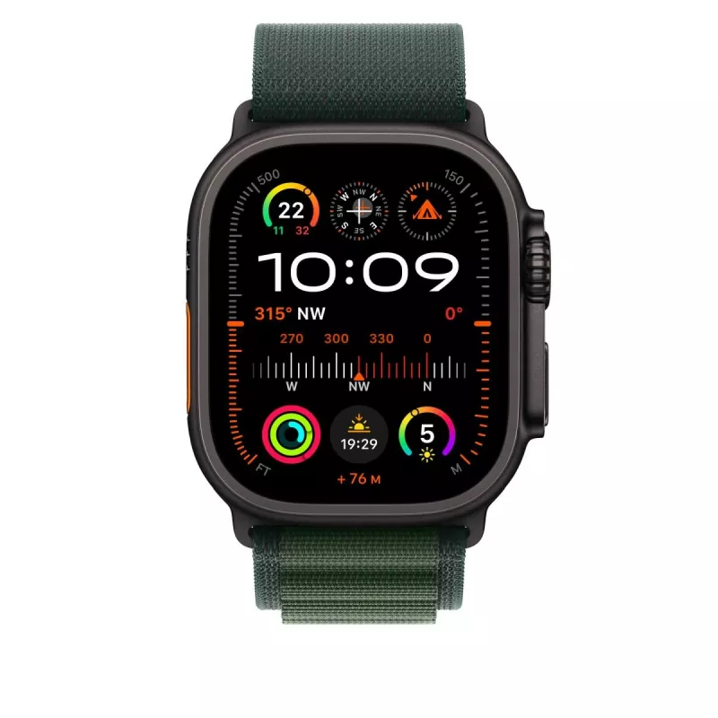 Siksniņa Apple 49mm Dark zaļa Alpine Loop Small ar melnu titāna apdari