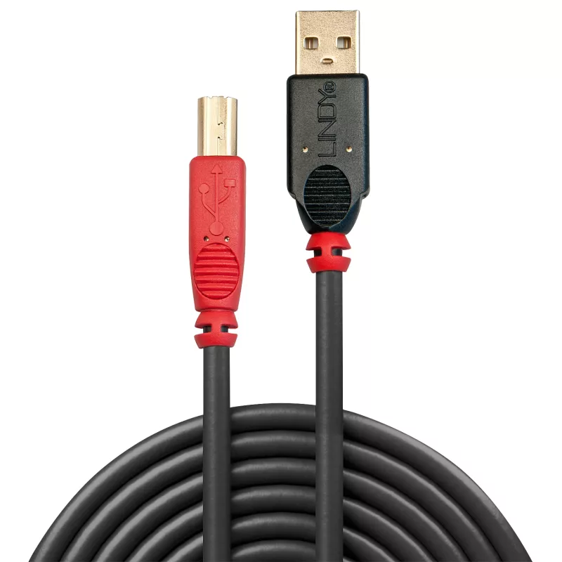 Lindy 15m USB 2.0 Type A–B aktīvais kabelis, 15 m, USB A, USB B, USB 2.0, vīrišķais/vīrišķais, melns, sarkans