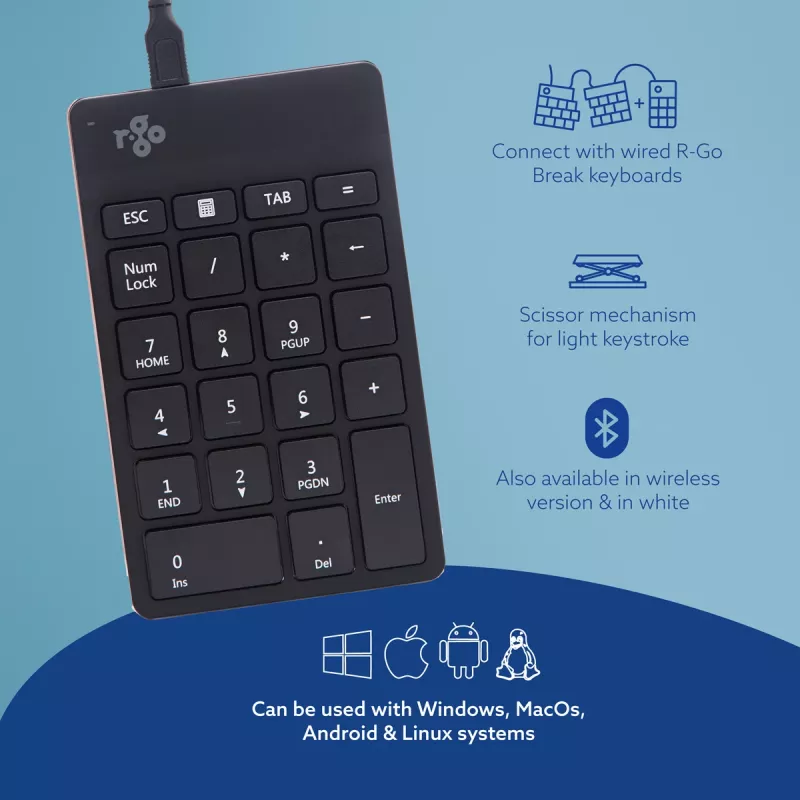 R-Go Tools cipartastatūra R-Go Numpad Break, ergonomiska cipartastatūra ar pārtraukumu programmatūru, vadu, melna