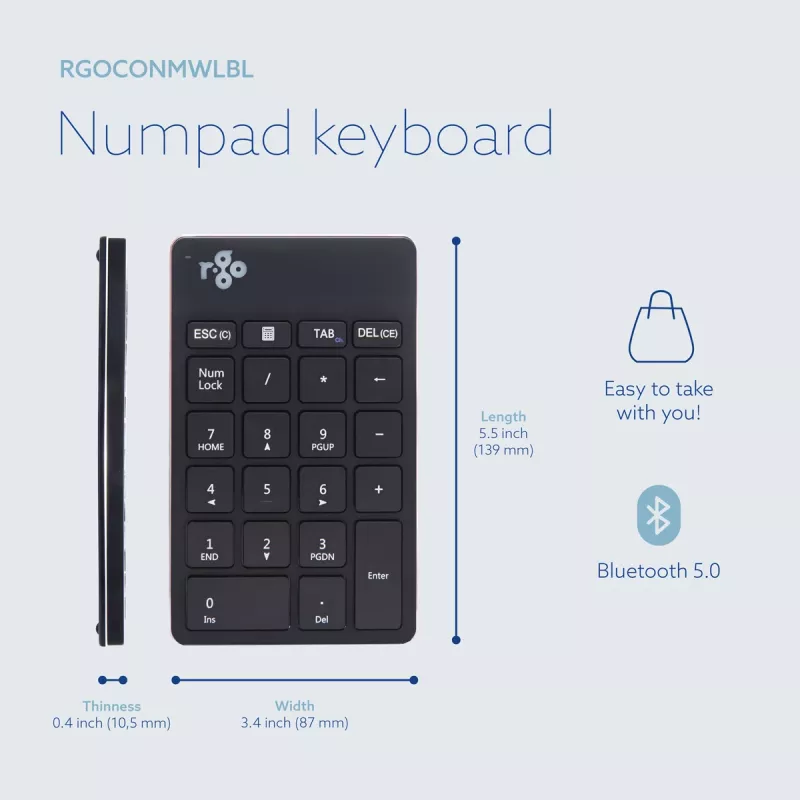 R-Go Tools Numeric keypad R-Go Numpad Break, ergonomiskais cipartastatūra ar pārtraukuma programmatūru, Bluetooth, melna