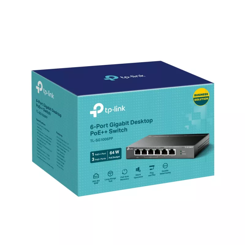 TP-Link 6 portu gigabitu galda komutators ar 3 PoE+ un 1 PoE++ portu
