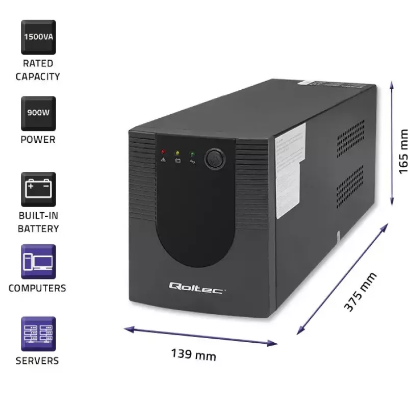 Qoltec UPS 53776 Line-Interactive 1,5 kVA 900 W 4 maiņstrāvas kontaktligzdas