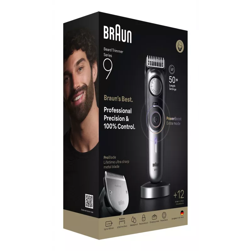 Braun BeardTrimmer 9 BT9560 bārdas trimmeris Baterija 52 2 cm Mitrā un Sausā Melns, Sudrabs