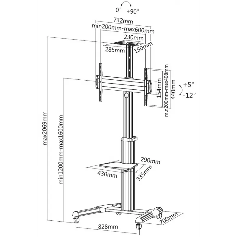 Equip 650602 37-70“ 90° Rotējošs Viena Displeja LFD Grozs, 50 kg, 94 cm (37 collas), 177,8 cm (70 collas), 200 x 200 mm, 600 x 400 mm, -12 - 5°