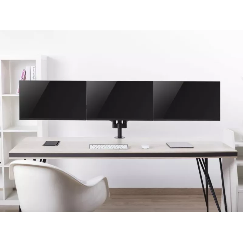 Equip 17 inch-27 inch trīskāršs monitoru galda stiprinājuma kronšteins, skava, 21 kg, 75 x 75 mm, 100 x 100 mm, augstuma regulēšana, melns