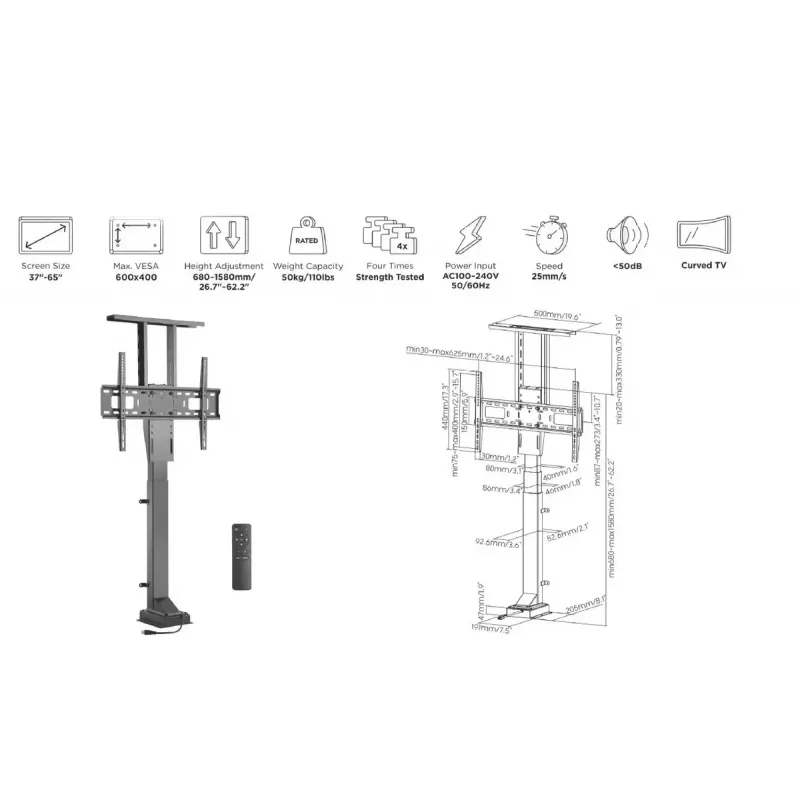 Motorizēts tālvadības televizora statīvs Equip 37–65 collas