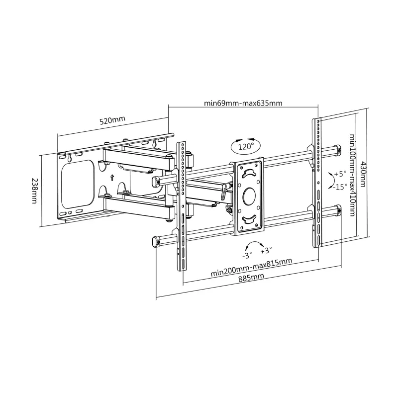 Equip 37 collu - 90 collu noliecams/grozāms TV sienas stiprinājums, 200 x 200 mm, 816 x 410 mm, -15 - 5°, -60 - 60°, tērauds, melns