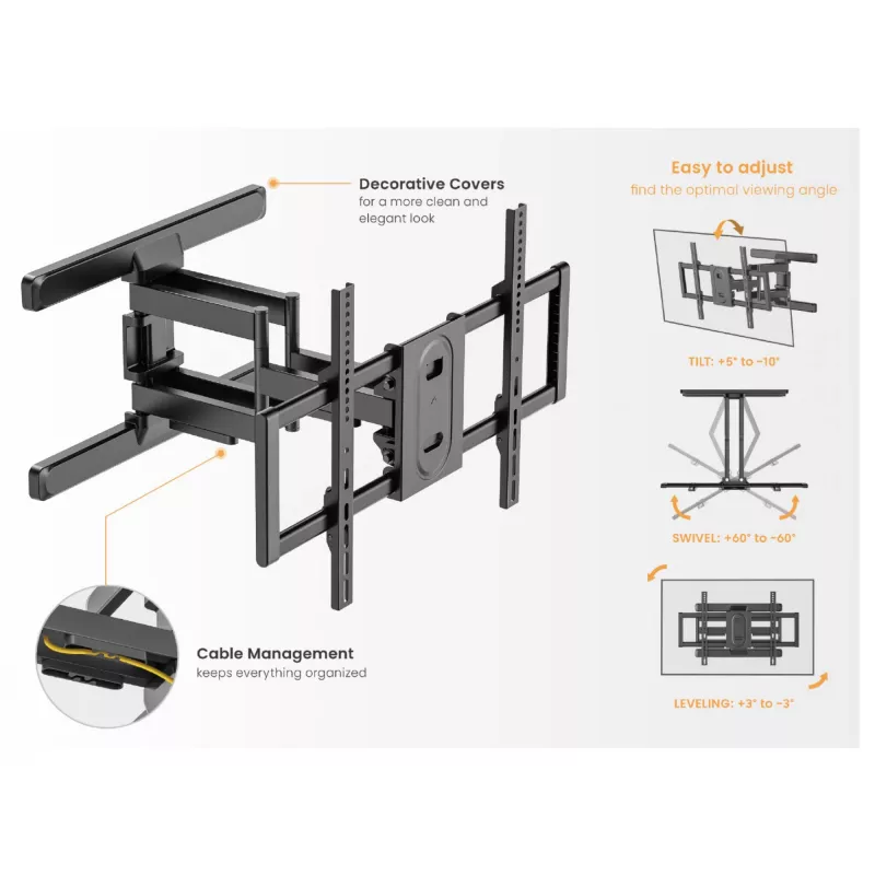 Equip 43 collu–100 collu pilnas kustības TV stiprinājuma kronšteins, 200 x 200 mm, 800 x 400 mm, -10 – 5°, -60 – 60°, plastmasa, nerūsējošais tērauds, melns