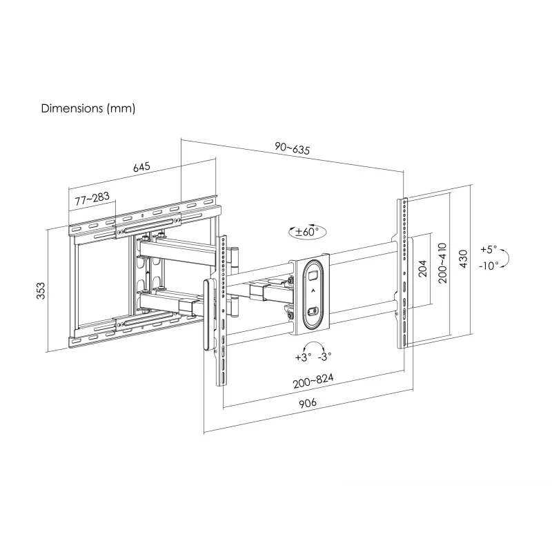 Equip 43 collu–100 collu pilnas kustības TV stiprinājuma kronšteins, 200 x 200 mm, 800 x 400 mm, -10 – 5°, -60 – 60°, plastmasa, nerūsējošais tērauds, melns