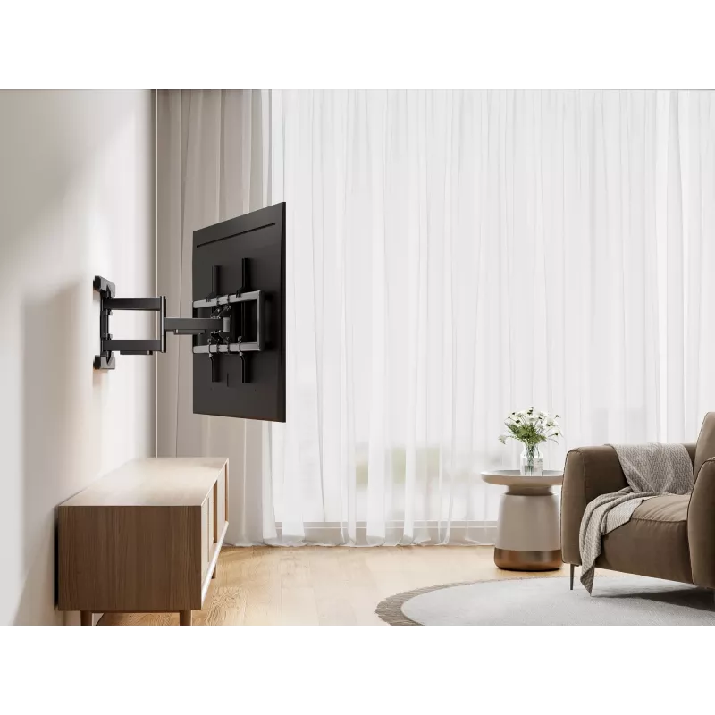 Equip 43 collu–100 collu pilnas kustības TV stiprinājuma kronšteins, 200 x 200 mm, 800 x 400 mm, -10 – 5°, -60 – 60°, plastmasa, nerūsējošais tērauds, melns