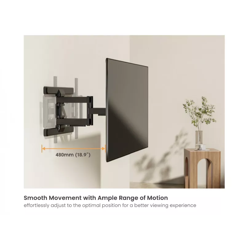 Equip 43 collu–100 collu pilnas kustības TV stiprinājuma kronšteins, 200 x 200 mm, 800 x 400 mm, -10 – 5°, -60 – 60°, plastmasa, nerūsējošais tērauds, melns