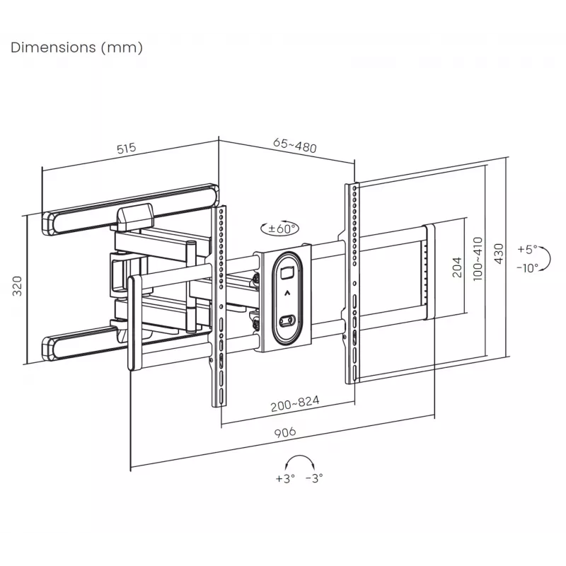 Equip 43 collu–100 collu pilnas kustības TV stiprinājuma kronšteins, 200 x 200 mm, 800 x 400 mm, -10 – 5°, -60 – 60°, plastmasa, nerūsējošais tērauds, melns