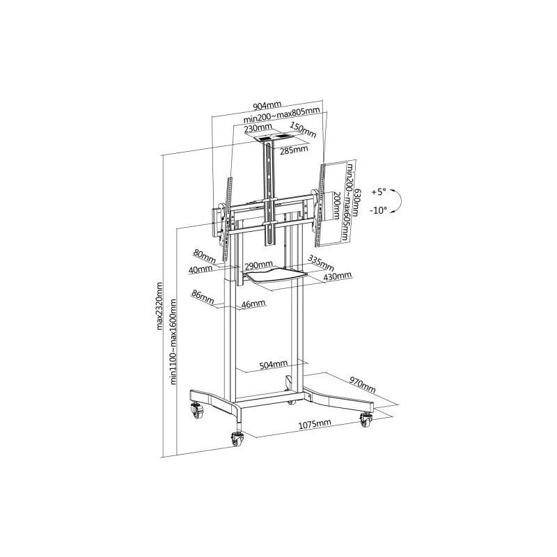 Equip mobilais motorizētais LFD ratiņš 55-100 collām, 2.54 m (100 collas), 200 x 200 mm, 800 x 600 mm, -10 - 5°, alumīnijs, plastmasa, nerūsējošais tērauds, melns