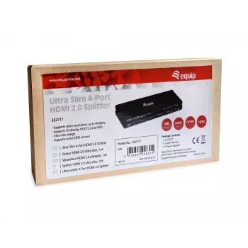 Equip Ultra plāns 4-Port HDMI 2.0 sadalītājs, HDMI, 4x HDMI, 3840 x 2160 pikseļi, melns, alumīnijs, 4K Ultra HD
