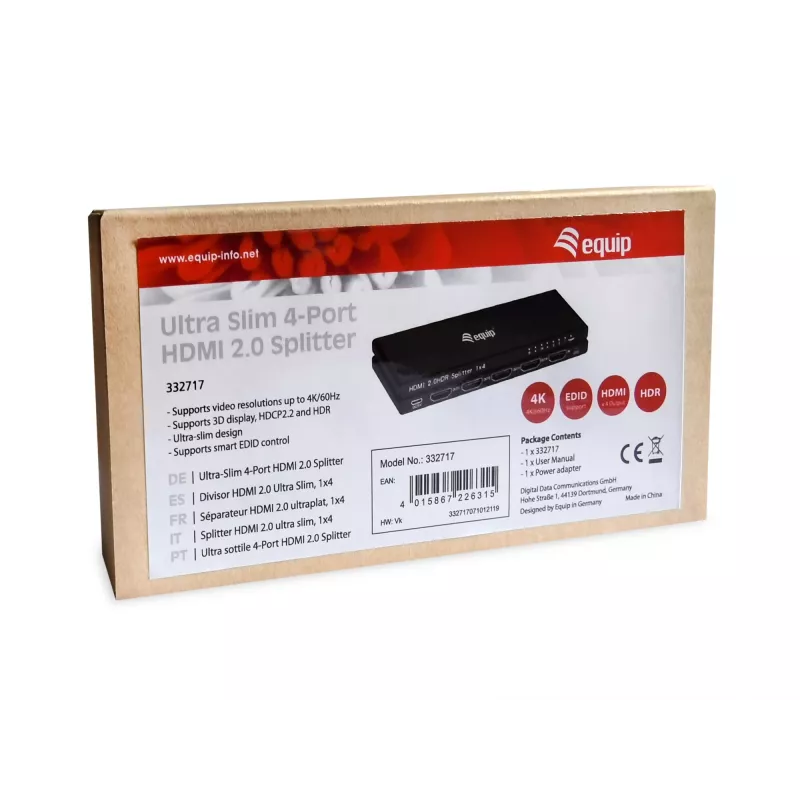 Equip Ultra plāns 4-Port HDMI 2.0 sadalītājs, HDMI, 4x HDMI, 3840 x 2160 pikseļi, melns, alumīnijs, 4K Ultra HD