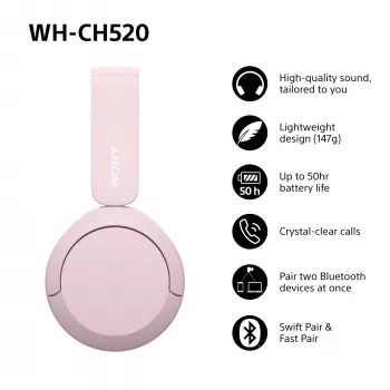 Sony WHCH520P.CE7, Bezvadu, 20 - 20000 Hz, Zvani/Mūzika, 147 g, Austiņas, Rozā
