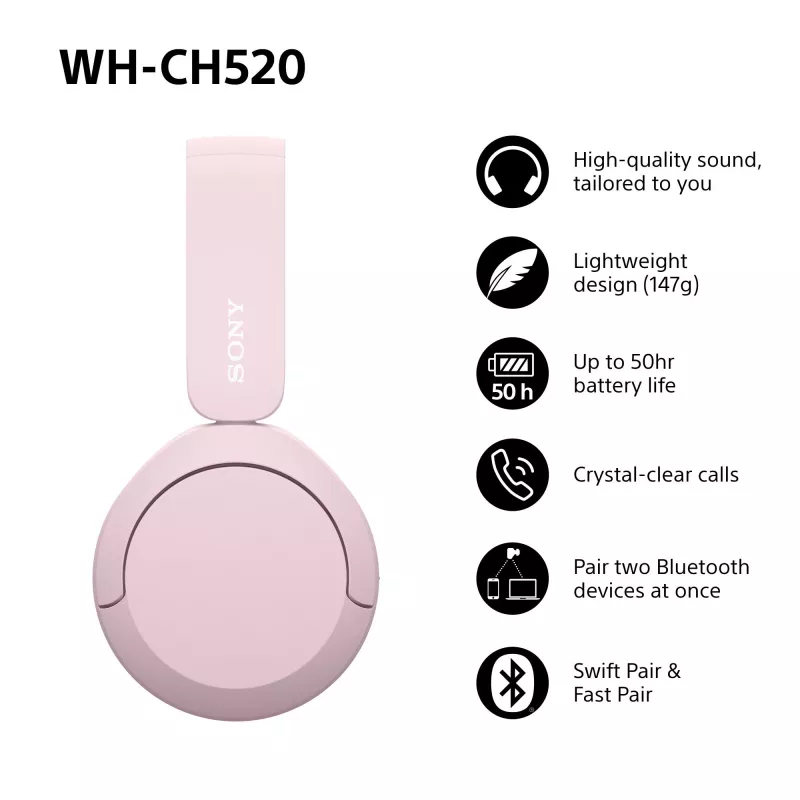 Sony WHCH520P.CE7, Bezvadu, 20 - 20000 Hz, Zvani/Mūzika, 147 g, Austiņas, Rozā