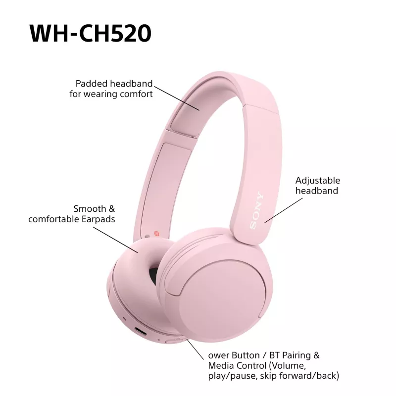 Sony WHCH520P.CE7, Bezvadu, 20 - 20000 Hz, Zvani/Mūzika, 147 g, Austiņas, Rozā