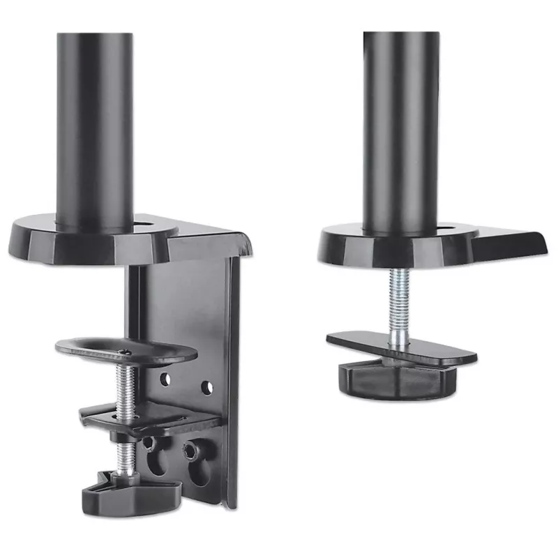 Manhattan dubultā galda stiprinājuma kronšteins televizoriem un monitoriem (pilnas kustības gāzes atspere), ekrāniem no 10 inch līdz 27 inch, spaiļu vai grommetas montāža, VESA saderība: 75x75 un 100x100 mm - pārbaudiet četru montāžas caurumu izmērus ekrāna aizmugurē, lai nodrošinātu atbilstību, maks. 8 kg (katram)