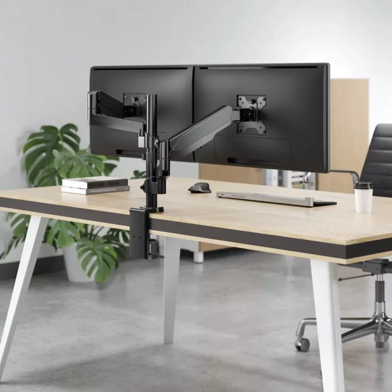 Manhattan dubultā galda stiprinājuma kronšteins televizoriem un monitoriem (pilnas kustības gāzes atspere), ekrāniem no 10 inch līdz 27 inch, spaiļu vai grommetas montāža, VESA saderība: 75x75 un 100x100 mm - pārbaudiet četru montāžas caurumu izmērus ekrāna aizmugurē, lai nodrošinātu atbilstību, maks. 8 kg (katram)