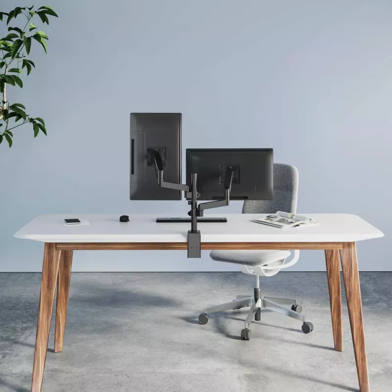 Manhattan dubultā galda stiprinājuma kronšteins televizoriem un monitoriem (pilnas kustības gāzes atspere), ekrāniem no 10 inch līdz 27 inch, spaiļu vai grommetas montāža, VESA saderība: 75x75 un 100x100 mm - pārbaudiet četru montāžas caurumu izmērus ekrāna aizmugurē, lai nodrošinātu atbilstību, maks. 8 kg (katram)