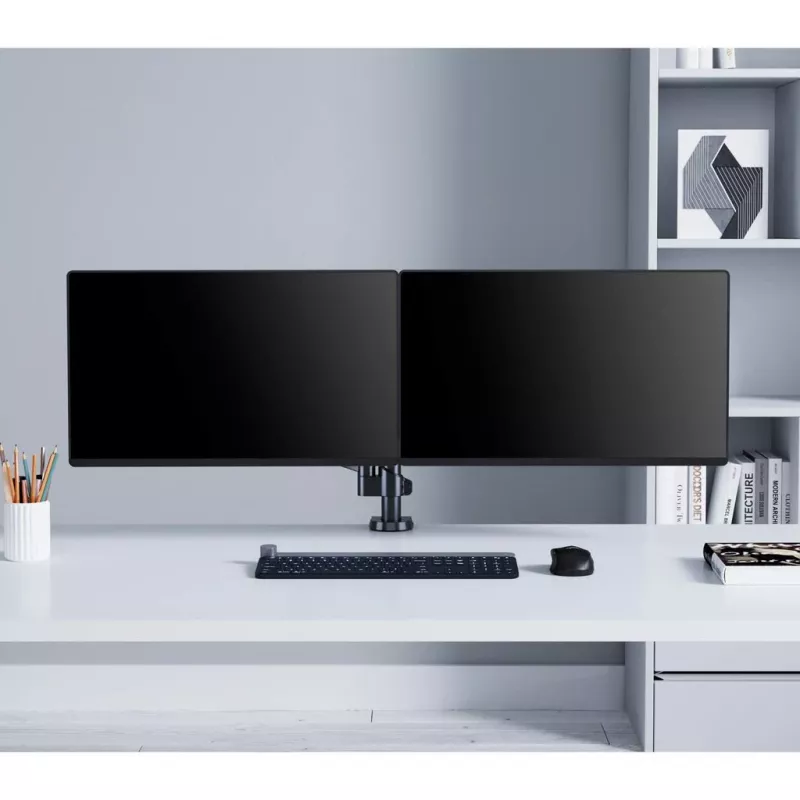 Manhattan dubultā galda stiprinājuma kronšteins televizoriem un monitoriem (pilnas kustības gāzes atspere), ekrāniem no 10 inch līdz 27 inch, spaiļu vai grommetas montāža, VESA saderība: 75x75 un 100x100 mm - pārbaudiet četru montāžas caurumu izmērus ekrāna aizmugurē, lai nodrošinātu atbilstību, maks. 8 kg (katram)