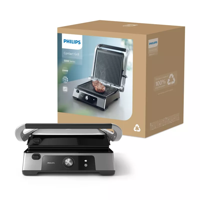 Philips 5000 sērijas kontakta grils, alumīnijs, taisnstūrveida, rotējošs, 200 °C, eņģes vāks, fiksējošs vāks, 180°