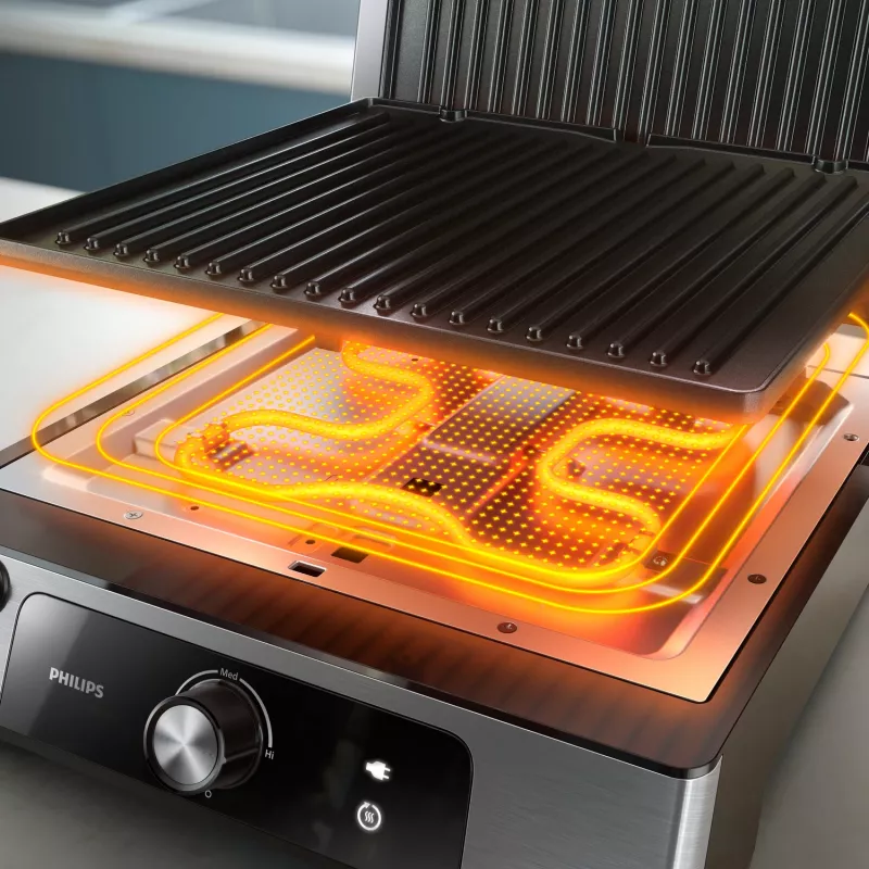 Philips 5000 sērijas kontakta grils, alumīnijs, taisnstūrveida, rotējošs, 200 °C, eņģes vāks, fiksējošs vāks, 180°