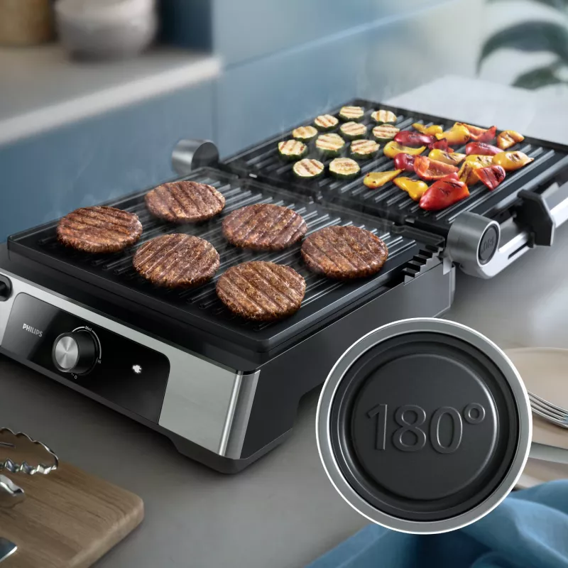 Philips 5000 sērijas kontakta grils, alumīnijs, taisnstūrveida, rotējošs, 200 °C, eņģes vāks, fiksējošs vāks, 180°