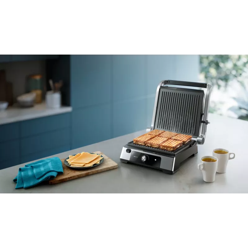 Philips 5000 sērijas kontakta grils, alumīnijs, taisnstūrveida, rotējošs, 200 °C, eņģes vāks, fiksējošs vāks, 180°