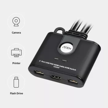 ATEN 2-Port USB FHD HDMI kabelis KVM Switch, 1920 x 1200 pikseļi, Full HD, 1,518 W, melns