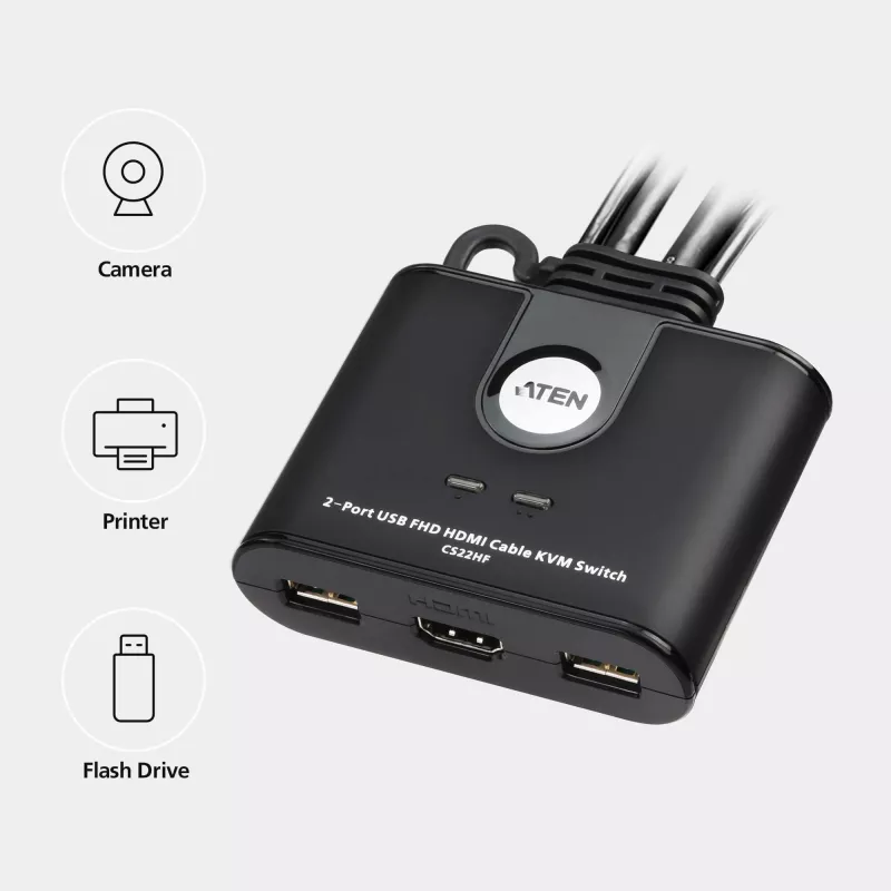 ATEN 2-Port USB FHD HDMI kabelis KVM Switch, 1920 x 1200 pikseļi, Full HD, 1,518 W, melns