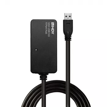 Lindy 10m USB 3.0 aktīvais pagarinātāja centrmezgls Pro, USB 3.2 Gen 1 (3.1 Gen 1) Type-A, USB 3.2 Gen 1 (3.1 Gen 1) Type-A, 5000 Mbit/s, melns, plastmasa, apaļš kabelis