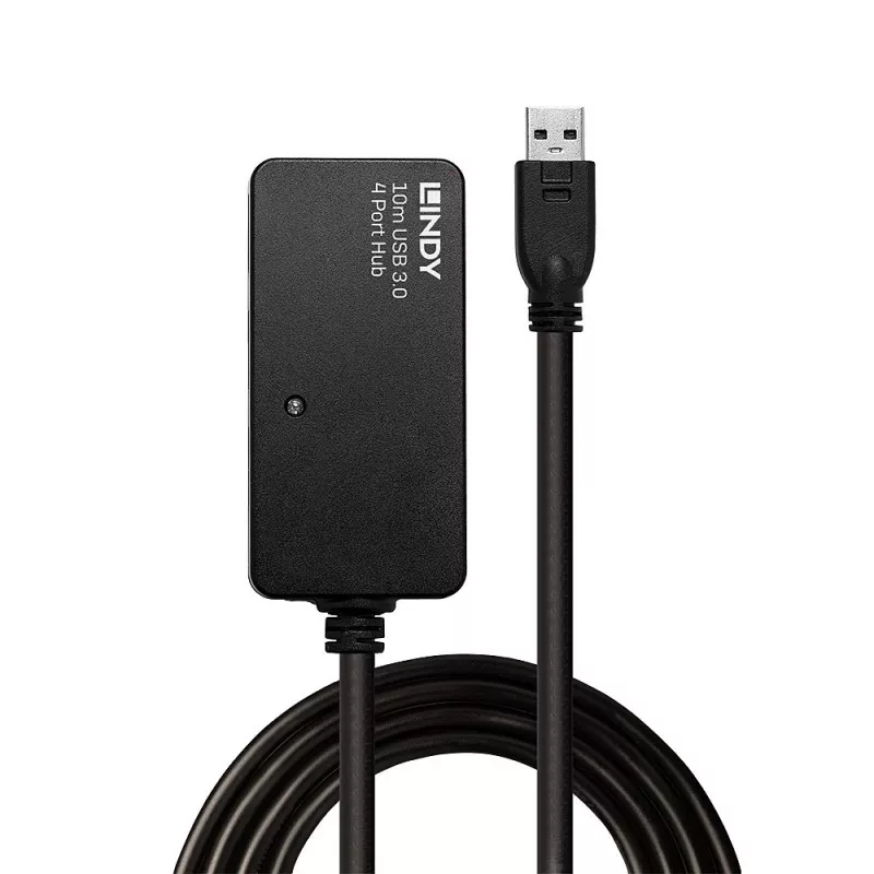 Lindy 10m USB 3.0 aktīvais pagarinātāja centrmezgls Pro, USB 3.2 Gen 1 (3.1 Gen 1) Type-A, USB 3.2 Gen 1 (3.1 Gen 1) Type-A, 5000 Mbit/s, melns, plastmasa, apaļš kabelis