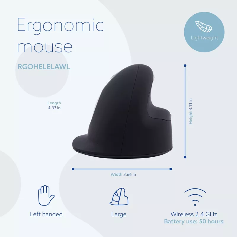 R-Go Tools ergonomiskā pele R-Go HE Break ar pārtraukumu programmatūru, liela (rokas izmērs ≥ 185 mm), kreisā roka, Bluetooth, melna