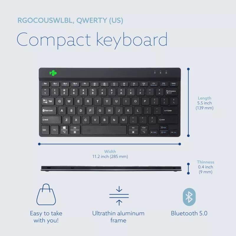 R-Go Tools Ergonomic tastatūra R-Go Compact Break, kompakta tastatūra ar pārtraukumu programmatūru, QWERTY (US), Bluetooth, melna
