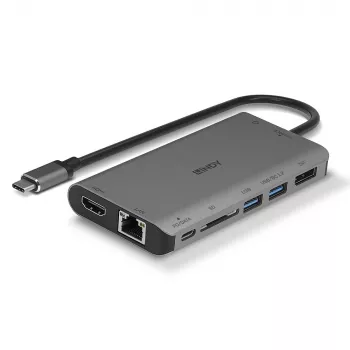 Lindy DST-Mini XT, USB-C klēpjdatora mini dokstacija ar vienu displeju (4K) vai diviem displejiem (Full HD) un 100 W caurlaides uzlādi
