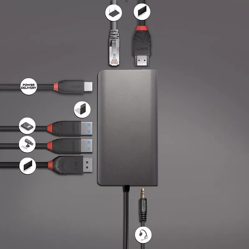 Lindy DST-Mini XT, USB-C klēpjdatora mini dokstacija ar vienu displeju (4K) vai diviem displejiem (Full HD) un 100 W caurlaides uzlādi