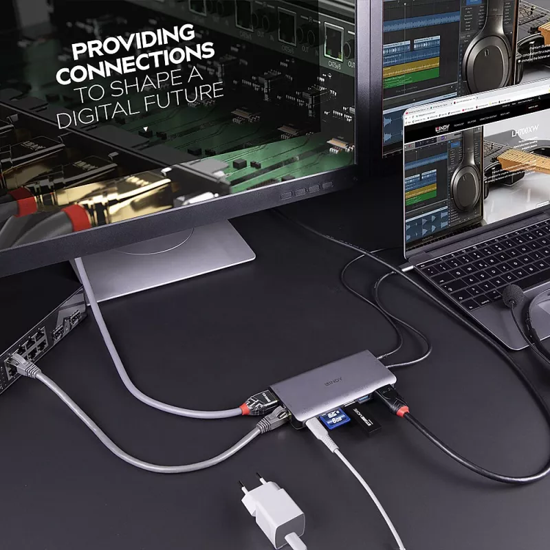 Lindy DST-Mini XT, USB-C klēpjdatora mini dokstacija ar vienu displeju (4K) vai diviem displejiem (Full HD) un 100 W caurlaides uzlādi