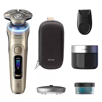 Elektriskais skuveklis Philips i9000 Prestige Ultra XP9403 — 3 galviņu rotējošais, SkinIQ Pro, sausā un slapjā skūšanās, akumulators, tīrīšanas stacija, zelta