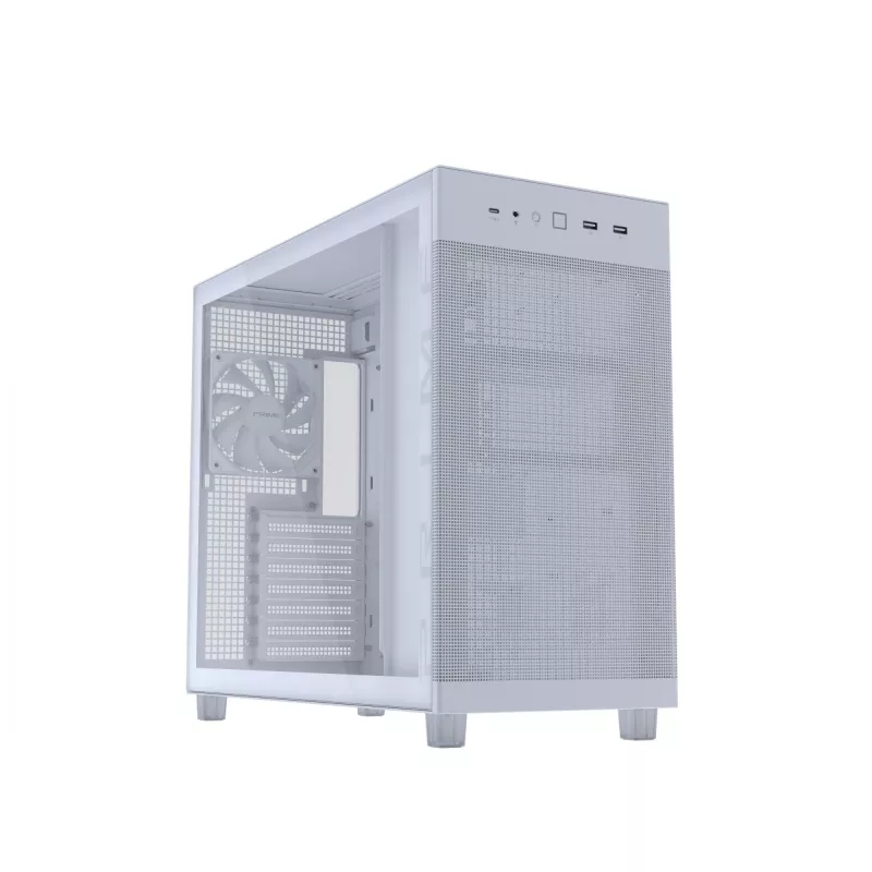 PC korpuss ASUS PRIME AP303 TG balta — ATX/Micro-ATX/Mini-ITX, rūdīts stikls, USB-C, 360 mm GPU atbalsts