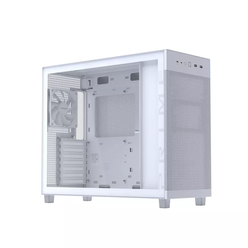 PC korpuss ASUS PRIME AP303 TG balta — ATX/Micro-ATX/Mini-ITX, rūdīts stikls, USB-C, 360 mm GPU atbalsts
